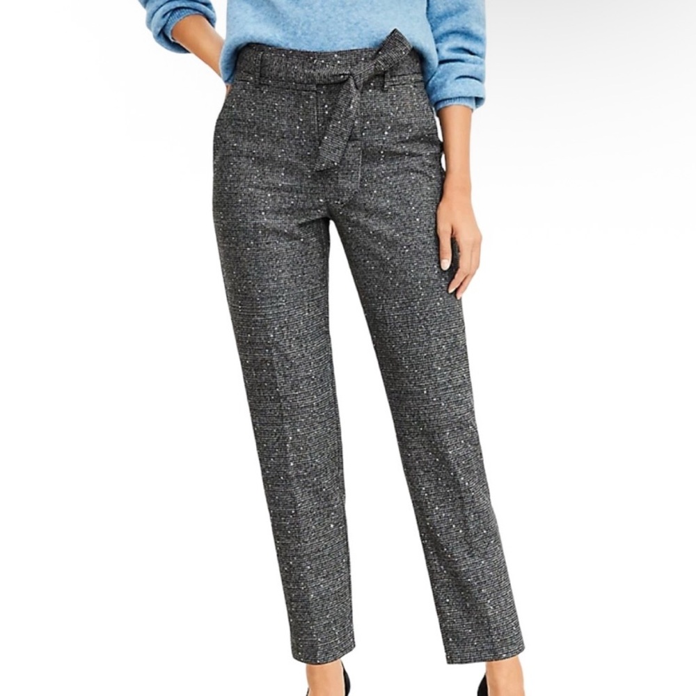 (B1) LOFT Sequin Tie Waist Taper Pants Gray‎ Houndstooth Ankle Holiday Party 4